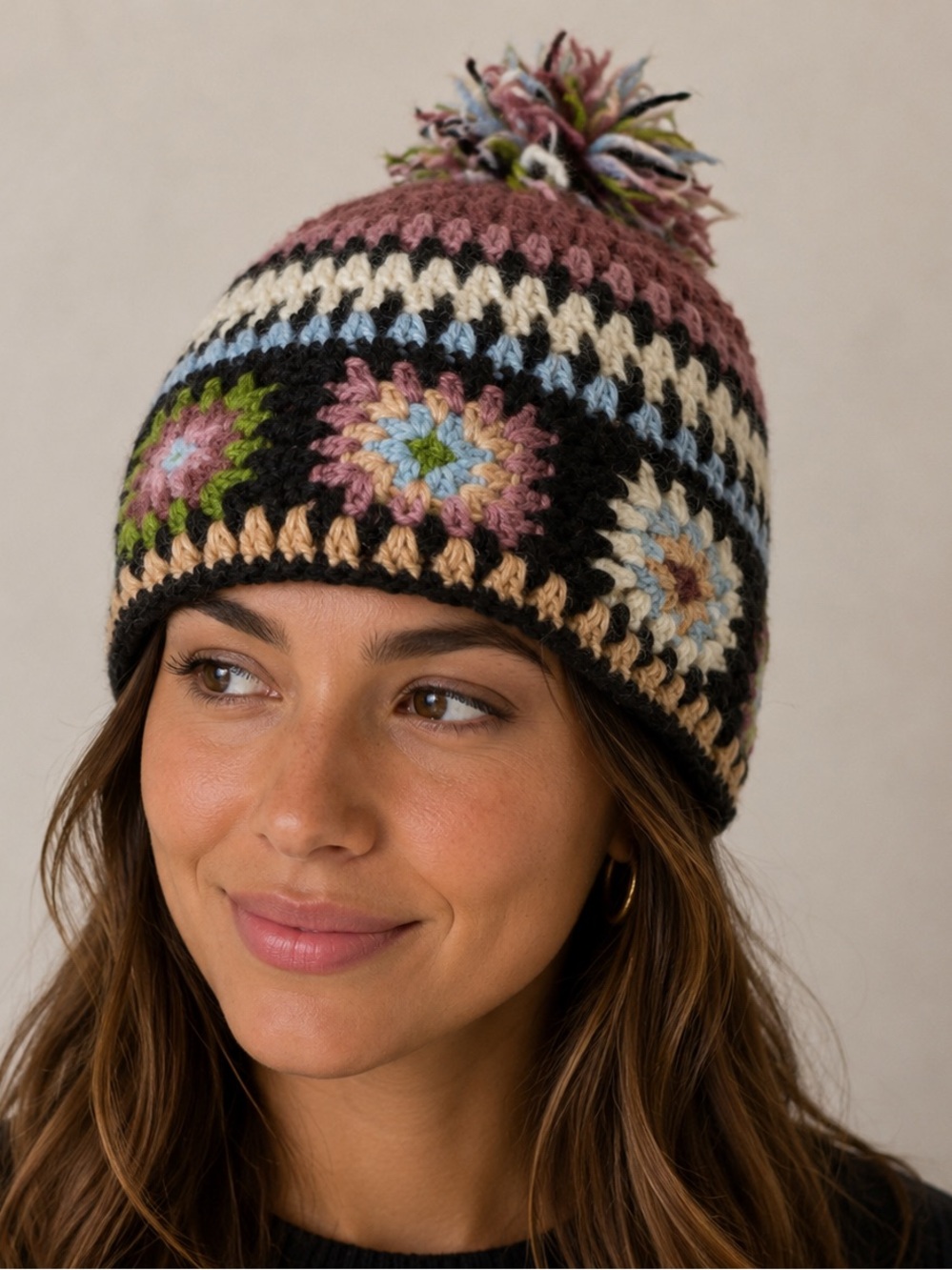 Lakhays Handmade Nepal Wool Beanie Pom Pom Hat Fleece Lined Boho
